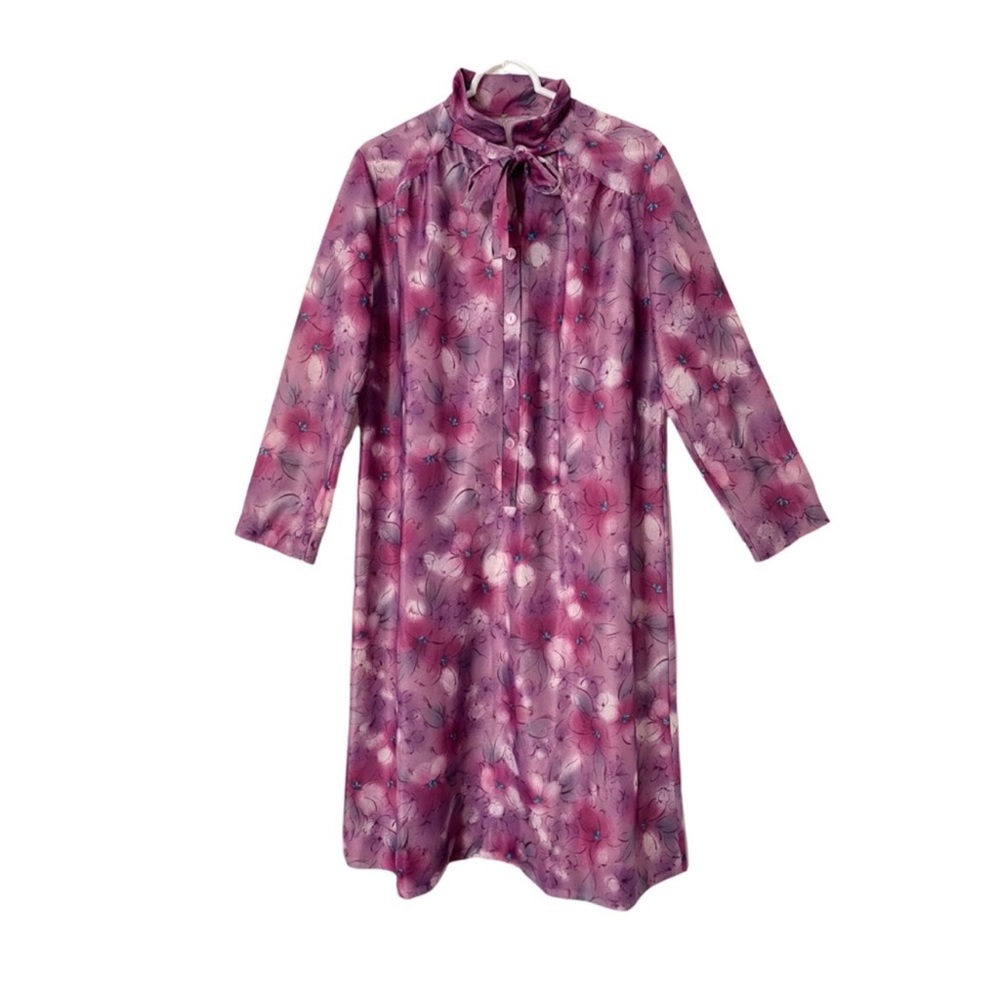 Vintage 80s Bow Collar Midi Dress Long Slerve Buttons Dusty Rose Purple L